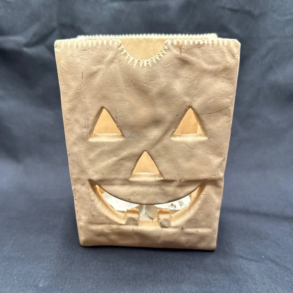 Vintage Ceramic Jack-O-Lantern Paper Bag Luminary Tan Halloween Decor